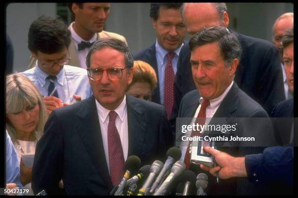 Senators John Chafee & Maj. Ldr. George Mitchell w. Press outside WH after congressional ldrship mtg. W. Pres. Bush.