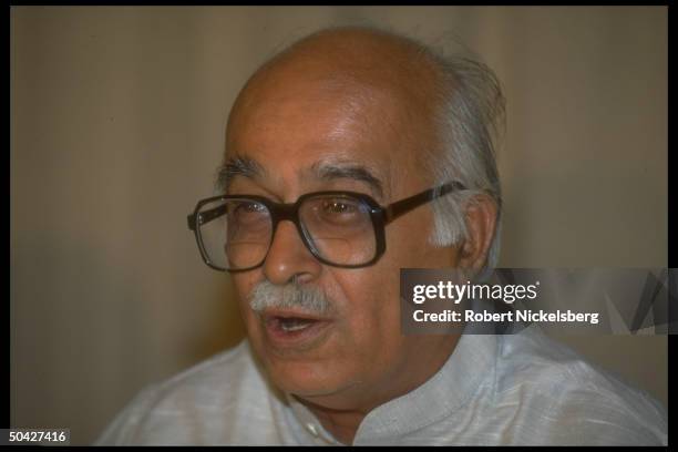 Hindu nationalist BJP ldr. L.K. Advani, Bharatiya Janata Party parliamentary cand., speaking at press conf.