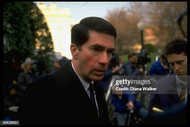 Sen. Chuck Robb outside WH, w. Press, after mtg. W. Pres. Bush.