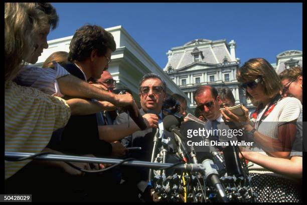 Soviet Mideast envoy Yevgeny Primakov mobbed by press outside WH after mtg. W. Pres. Bush.