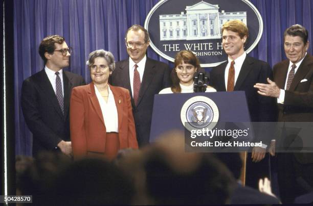 President Ronald W. Reagan announcing Judge Anthony M. Kennedy's nomination to the Supreme Court while Kennedy's family watches on.