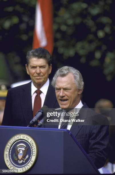 President Ronald W. Reagan and Prime Minister Poul Schluter of Denmark at a White House Ceremony.