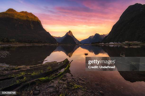 milford sound in the morning sunrise - new zealand imagens e fotografias de stock