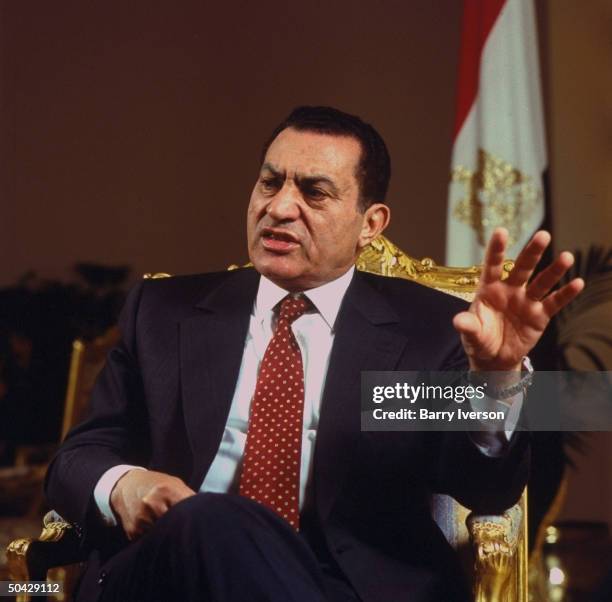 Pres. Hosni Mubarak speaking, making point, during TIME interview at presidential palace in Cairo, Egypt.