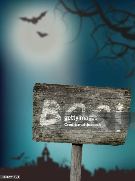a halloween sign with a scary feel. - rustic sign post stock illustrations