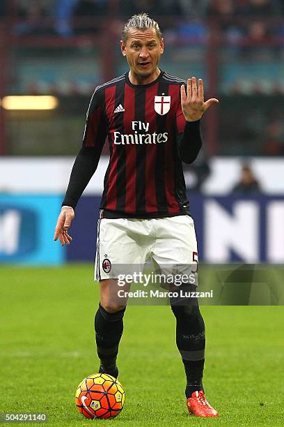 Philippe Mexes of AC Milan gestures during the Serie A match between AC Milan and Bologna FC at Stadio Giuseppe Meazza on January 6, 2016 in Milan,...