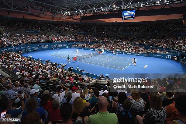 General view of play during the Mens Final between Roger Federer of Switzerland and Milos Raonic of Canada on day eight of the 2016 Brisbane...