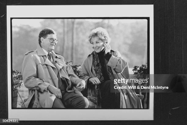 Former cast member of the TV show The Waltons Michael Learned & Waltons creator Earl Hamner Jr. Sitting on bench at the opening of the Walton...