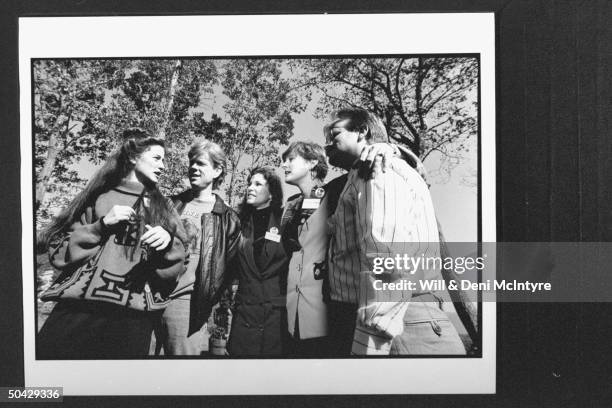 Former cast members of the TV show The Waltons Kami Cotler, Jon Walmsley, Judy Norton-Taylor, Mary McDonough and Eric Scott standing together outside...
