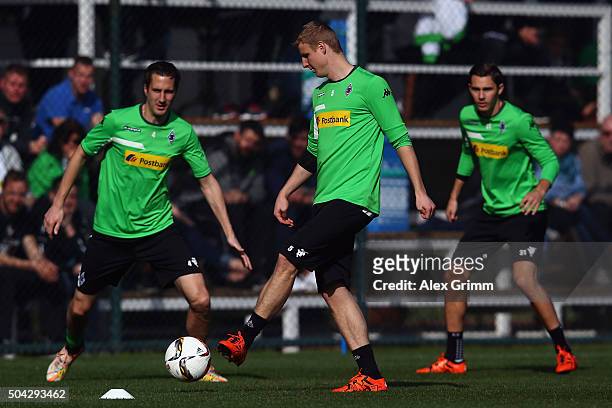 Roel Brouwers, Martin Hinteregger and Branimir Hrgota attend a Borussia Moenchengladbach training session on day 5 of the Bundesliga Belek training...