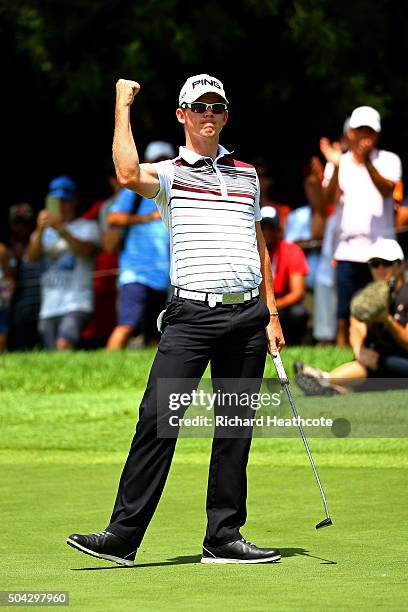 Brandon Stone of South Africa celebrates a birdie putt on the 16th during the final round of the BMW SA Open at Glendower Golf Club on January 10,...