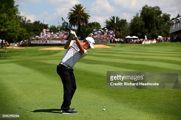 Brandon Stone of South Africa plays an approach shot on the 18th during the final round of the BMW SA Open at Glendower Golf Club on January 10, 2016...