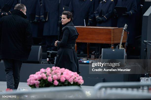 French Minister of National Education, Higher Education and Research, Najat Vallaud-Belkacem arrives as Parisians and Politicians gather at Place de...