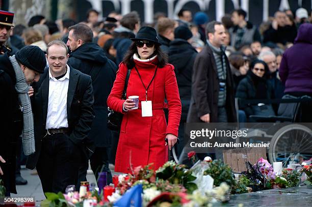 Families and victims arrive as Parisians and Politicians gather at Place de la Republique to pay tribute to the 2015 terrorist attack victims on...
