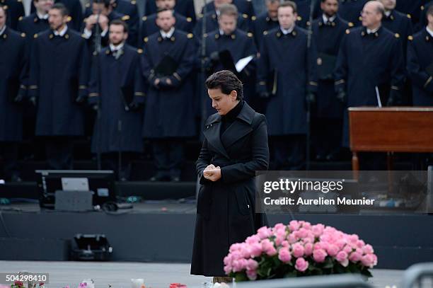 French Minister of National Education, Higher Education and Research, Najat Vallaud-Belkacem arrives as Parisians and Politicians gather at Place de...