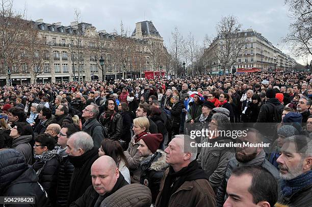 General view of the crowd as Parisians and Politicians gather at Place de la Republique to pay tribute to the 2015 terrorist attack victims on...