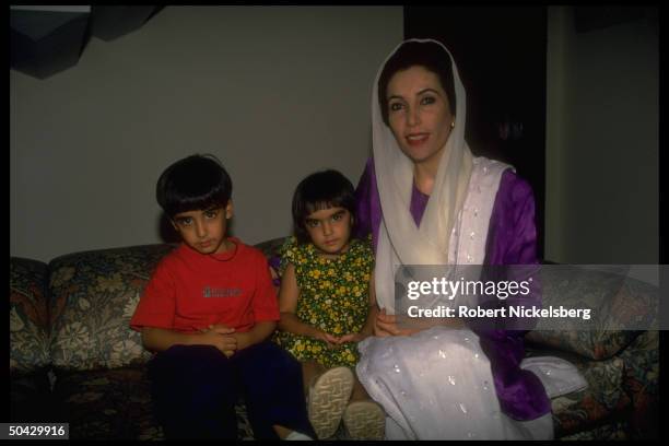 Pakistan People's Party chmn. Benazir Bhutto at home, w. Her daughter Benazir & son Bilawal Zardari.