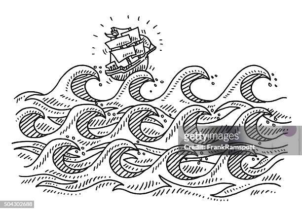 rough wellen comic segeln schiff zeichnung - oversized stock-grafiken, -clipart, -cartoons und -symbole