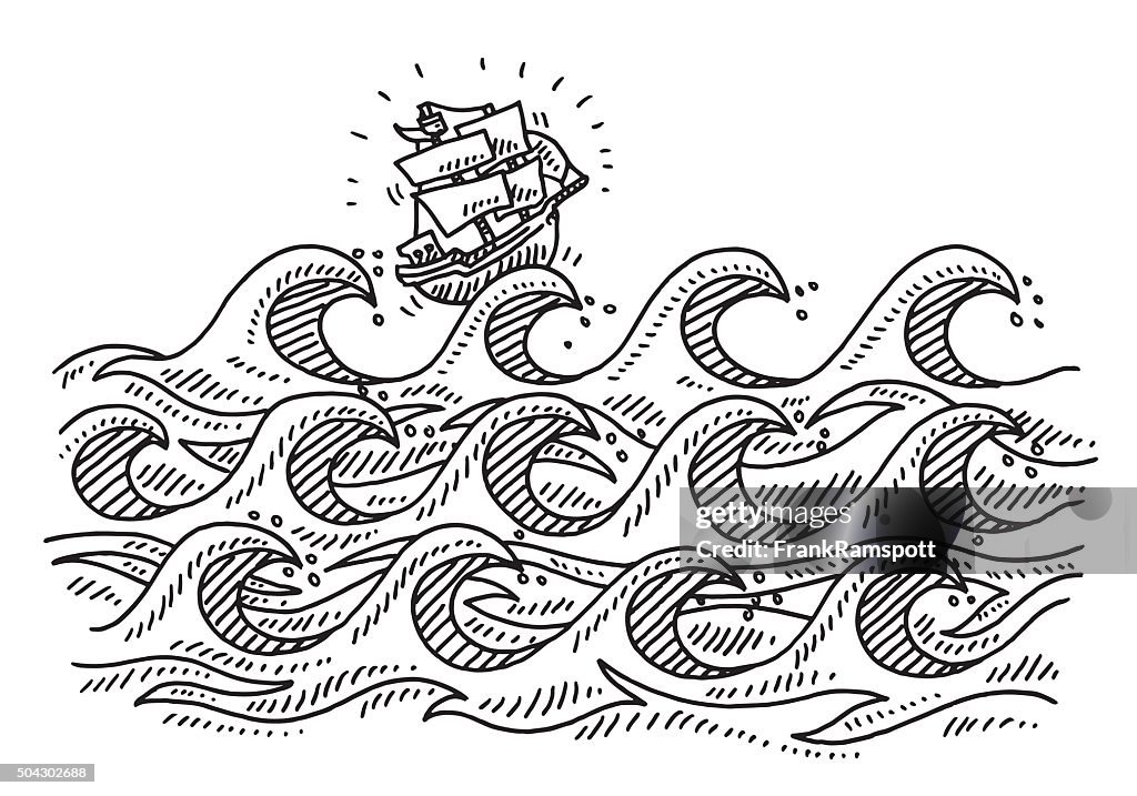 Rough Sea Waves Cartoon Sailing Ship Drawing High-Res Vector Graphic -  Getty Images