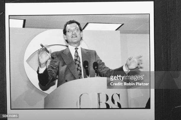 Talk show host David Letterman announcing his move fr. NBC to CBS at press conf. At CBS where his show will air against NBC's The Tonight Show w. Jay...