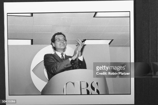 Talk show host David Letterman applauding while announcing his move fr. NBC to CBS at press conf. At CBS where his show will air against NBC's The...