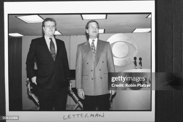 Talk show host David Letterman w. CBS Broadcast Group pres. Howard Stringer at press conf. Where Letterman announced his move fr. NBC to CBS where...