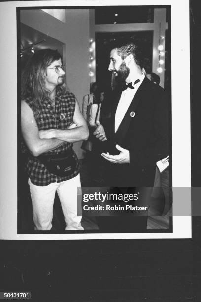 Actor Billy Baldwin chatting w. Dave Mustaine fr. The rock group Megadeth at the Reebok party for Dem. Supporters during the wk. Of the Dem. Natl....