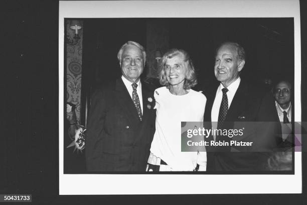 Sargent Shriver & his wife Eunice posing w. Ex-presidential cand. George McGovern at soiree hosted by McGovern for Dem. Supporters during the wk. Of...