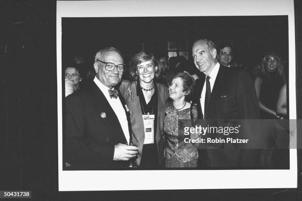 Ex-presidential cand. George McGovern w. Wife Eleanor chatting w. Congresswoman Pat Schroeder & politico Frank Mankiewicz at soiree hosted by...