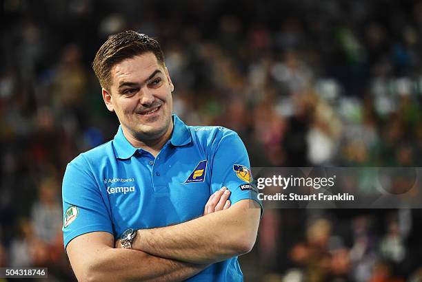 Aron Kristjansson, head coach of Iceland looks on during the international handball friendley match between Germany and Iceland at the TUI arena on...