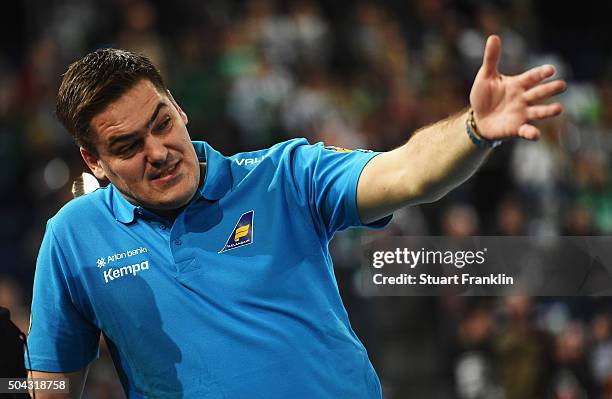 Aron Kristjansson, head coach of Iceland gestures during the international handball friendley match between Germany and Iceland at the TUI arena on...