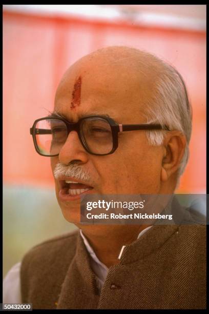 Hindu nationalist BJP member of Parliament & former Bharatiya Janata Party pres. L.K. Advani speaking to BJP supporters, on Agra Road S. To Mathura.