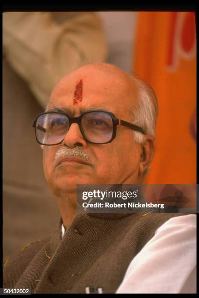 Hindu nationalist BJP member of Parliament & former Bharatiya Janata Party pres. L.K. Advani touring BJP area on Agra Road S. To Mathura.