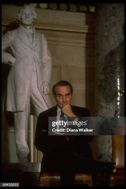 Sen. Min. Ldr. Bob Dole listening during Four Freedoms FDR speech ceremony in Statuary Hall at Capitol.