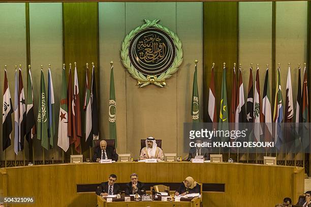 Emirati Foreign Minister Sheikh Abdullah bin Zayed al-Nahyan , Arab League chief Nabil al-Arabi , and Arab League deputy Ahmed bin Helli attend an...