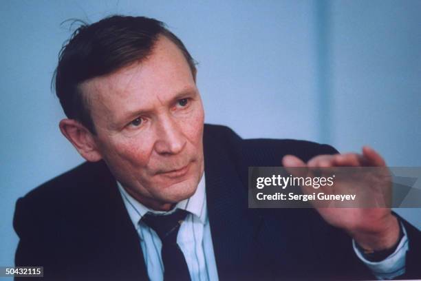 Nikolai Travkin, cand. In Dec. 12 parliamentary election, speaking in his Varvarka Street office.