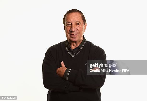 Former Argentina World Cup winning coach Carlos Bilardo poses for a portrait prior to the FIFA Ballon d'Or Gala 2015 at the Park Hyatt hotel on...