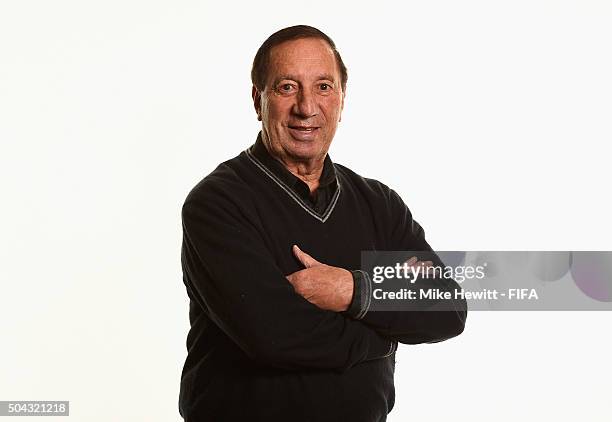 Former Argentina World Cup winning coach Carlos Bilardo poses for a portrait prior to the FIFA Ballon d'Or Gala 2015 at the Park Hyatt hotel on...