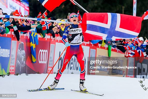 Therese Johaug of Norway takes 1st place during the FIS Nordic World Cup Men's and Women's Cross Country Tour de Ski on January 10, 2016 in Val di...