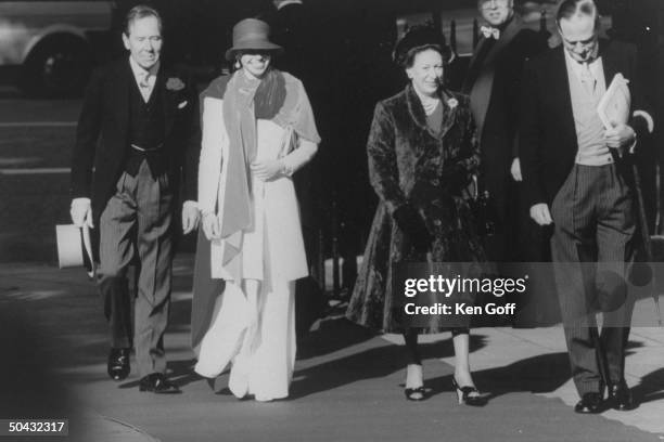 Lord Snowdon, daughter Sarah and ex-wife, Princess Margaret of England, w. An unident. Man on the way to the wedding of their son Viscount Linley to...