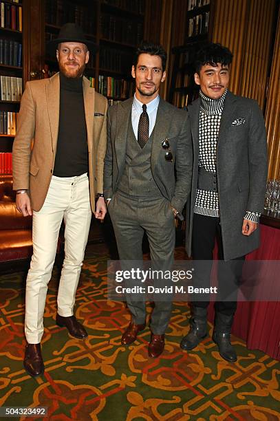 Joe Ottaway, David Gandy and Hu Bing attend the Pringle Of Scotland Menswear Autumn/Winter 2016 show during London Collections Men on January 10,...