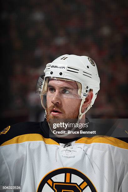 Landon Ferraro of the Boston Bruins skates against the New Jersey Devils at the Prudential Center on January 8, 2016 in Newark, New Jersey. The...