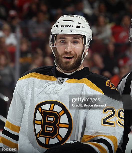 Landon Ferraro of the Boston Bruins skates against the New Jersey Devils at the Prudential Center on January 8, 2016 in Newark, New Jersey. The...