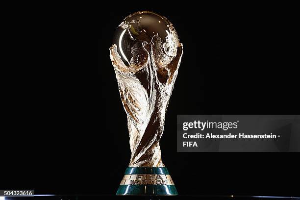 The FIFA World Cup Trophy prior to the FIFA Ballon d'Or Gala 2015 at the Park Hyatt hotel on January 10, 2016 in Zurich, Switzerland.