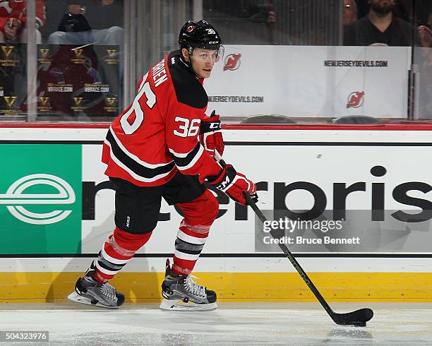 Jim O'Brien of the New Jersey Devils skates in his first NHL game against the Boston Bruins at the Prudential Center on January 8, 2016 in Newark,...