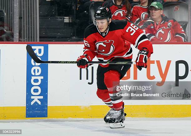 Jim O'Brien of the New Jersey Devils skates in his first NHL game against the Boston Bruins at the Prudential Center on January 8, 2016 in Newark,...