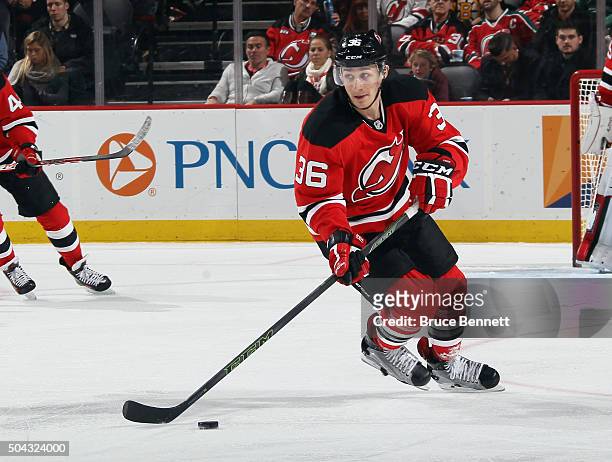 Jim O'Brien of the New Jersey Devils skates in his first NHL game against the Boston Bruins at the Prudential Center on January 8, 2016 in Newark,...