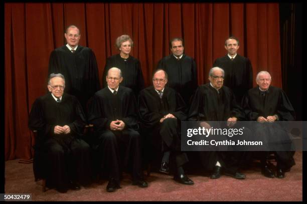 Supreme Court Justices Stevens, Souter, Marshall, Scalia, Chief Rehnquist, O'Connor, White, Kennedy & Blackmun.