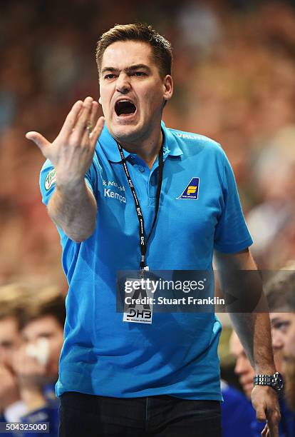 Aron Kristjansson, head coach of Iceland gestures during the international handball friendley match between Germany and Iceland at the TUI arena on...