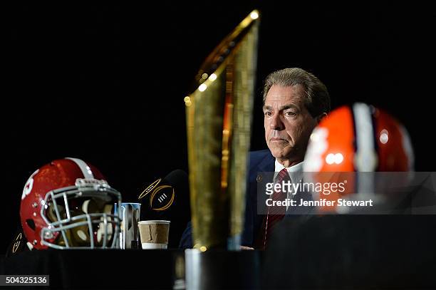 Head coach Nick Saban of the Alabama Crimson Tide addresses the media during the Head Coach Press Conference for the College Football Playoff...